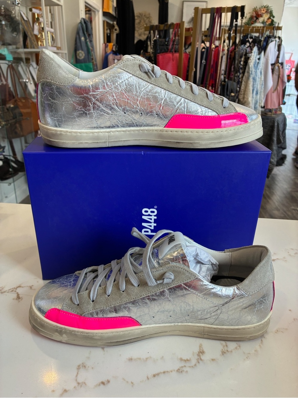 P448 Silver Metallic Low-Top Sneakers with Neon Pink Accent new in box